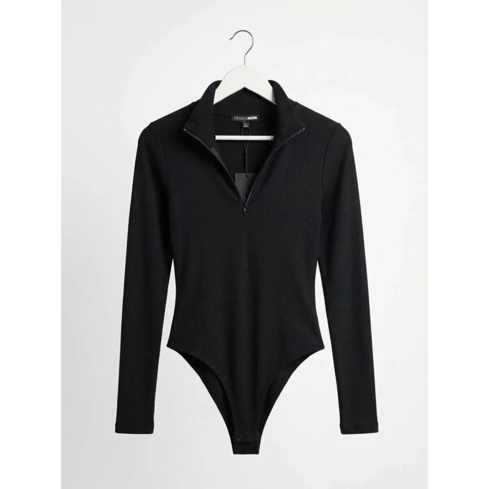 Fashion Nova Black  Ribbed Half-Zip Bodysuit